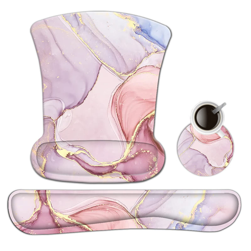 AIMSA Ergonomic Keyboard Wrist Rest and Mouse Pad with Wrist Support Set, Memory Foam Non-Slip Rubber Base, for Home, Office, Easy Typing, Pain Relief, Pink Purple Marble