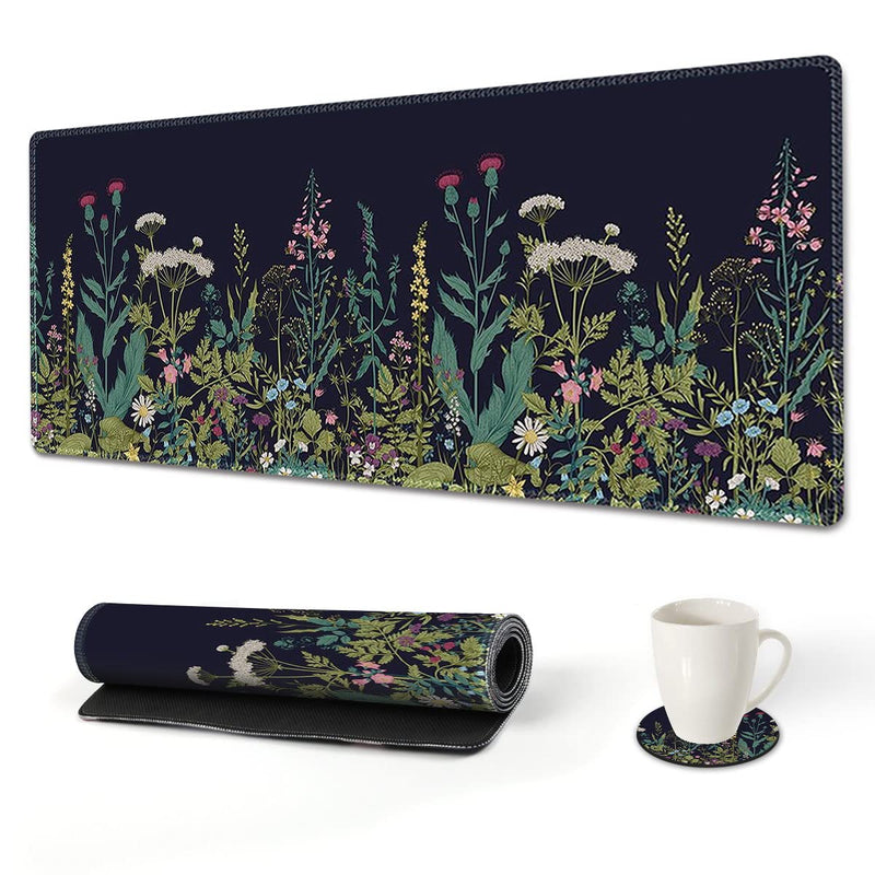 AIMSA Extended Gaming Mouse Pad, XL Large Keyboard Mouse Mat Desk Pad with Stitched Edges, Durable Non-Slip Base Mousepad for Home Office Work, 35x15.7inch ,Flowers Plants Flowers Plants