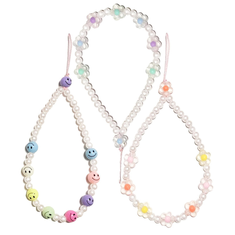 Beaded Mobile Phone Lanyard Wrist Strap Y2K Cute Phone Charms Smiley Face Flower Phone Anti-Lost Chains for Women Girls Style #1-Smiley Flower 3pcs