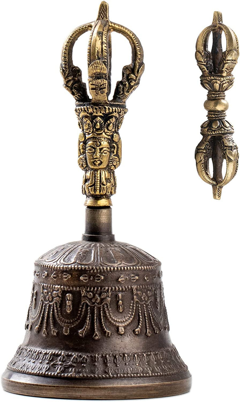 Tibetan Dharma Object Bell and Bajra Set - Alter Pray Singing Bowl Hand Bell Handmade Buddhist Meditation Bell by Himalayan Bazaar (14cm x 7.3cm) Large Bell