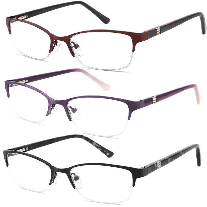 3 Pack Reading Glasses for Women Blue Light Blocking, Metal Oval Half Frame Womens Readers Glass with Spring Hinge, Anti Blue Ray Reduce Eye Strain Glare Headache(150 Magnification Strength) Black Red Purple 1.5x