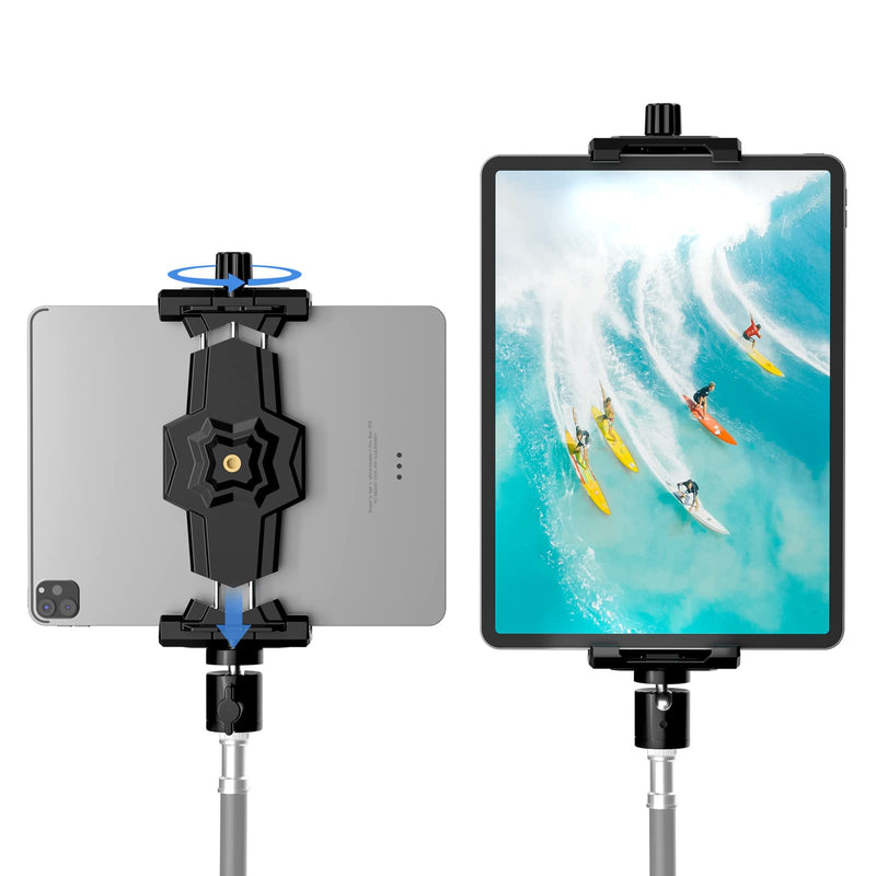 iPad and Phone Tripod Mount Adapter with Ball Head, iPad Holder for Tripod, 360 Rotatable Tablet Clamp Mount fits iPad Pro 12.9, iPad Air Mini 3 4, Galaxy Tab, Surface Pro, Selfie Stick(5.3-10.6") Black