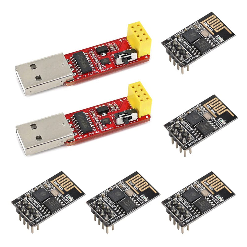 5pcs ESP8266 ESP-01S 4MB WiFi Wireless Serial Transceiver Module with 2pcs USB to ESP-01S Adapter Programmer CH340G UART PORG
