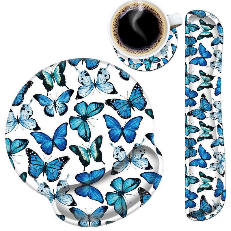 Mouse Pad Wrist Support and Keyboard Wrist Rest Pad with Coaster,Non-Slip Rubber Base Ergonomic Gaming Mousepad for Home Office Working Studying Easy Typing & Pain Relief,Blue Butterflies Blue Butterflies