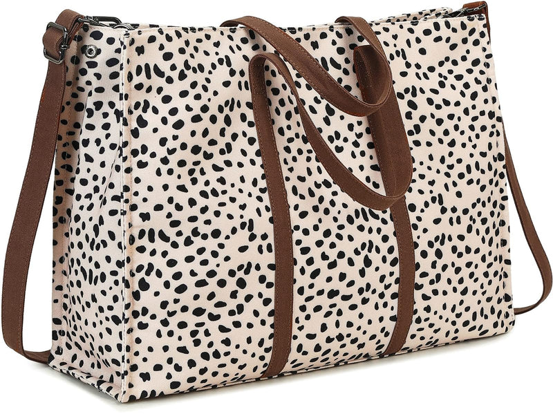 Laptop Tote Bag for Women Work 15.6 inch Canvas Shoulder Bags Computer Messenger Purse Teacher Handbag Office Briefcase Leopard - Apricot