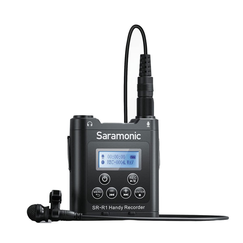 [AUSTRALIA] - Saramonic SR-R1 Ultra-Compact Belt Pack Stereo Recorder with 3.5mm Microphone or Line-Level Input, Headphone Out, and Includes DK3A Premium Lavalier and Padded Pouch, Black 