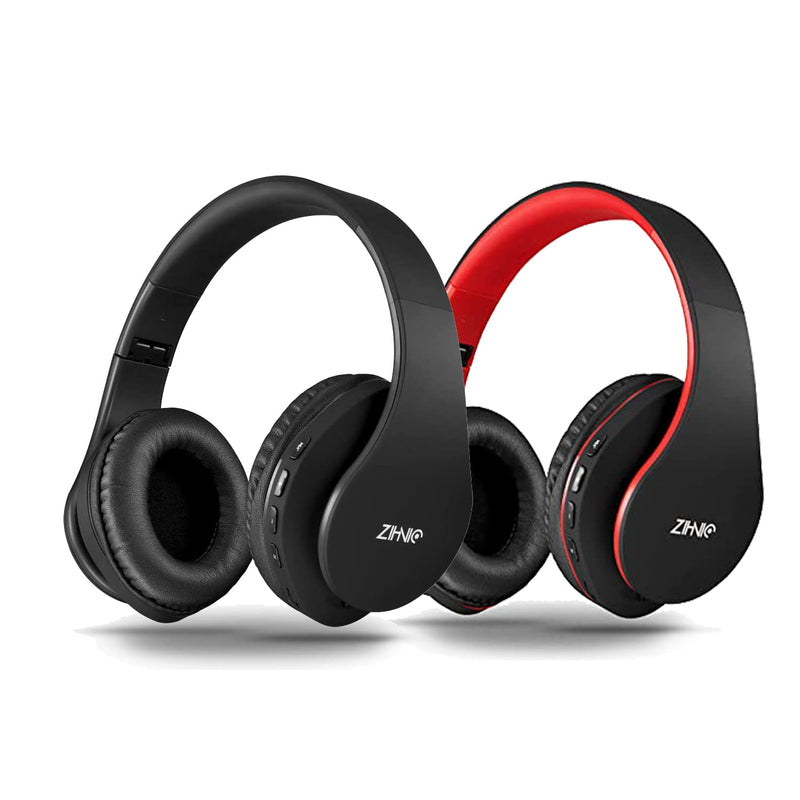 ZIHNIC 2 Items,1 Black Over-Ear Wireless Headset Bundle with 1 Black Red Foldable Wireless Headset