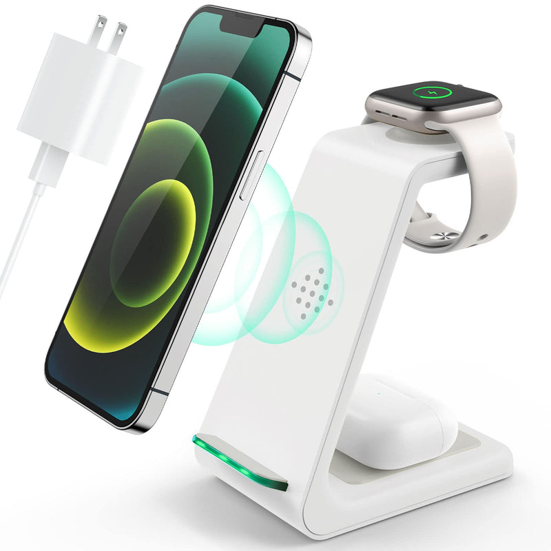 Wireless Charging Station, 3 in 1 Fast Desk Charging Station, Wireless Charger Stand for iPhone 15/14/13/12/11 Pro Max/X/Xs Max/8/8 Plus, AirPods 3/2/pro, iWatch Series 9/8/7/6/5/SE/4/3/2 White