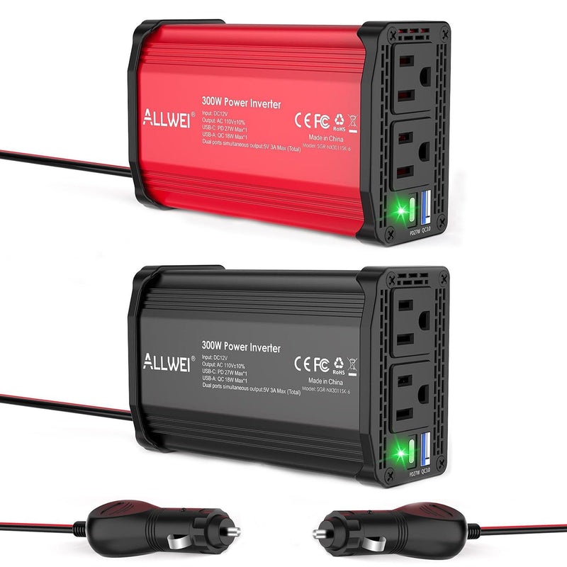 ALLWEI 300W Power Inverter DC 12V to 110V AC, Compact Car Plug Adapter Outlet with 27W PD USB-C &18W USB-A Fast Charging, Cigarette Lighter Adapter Car Charger for Phone - Red and Black