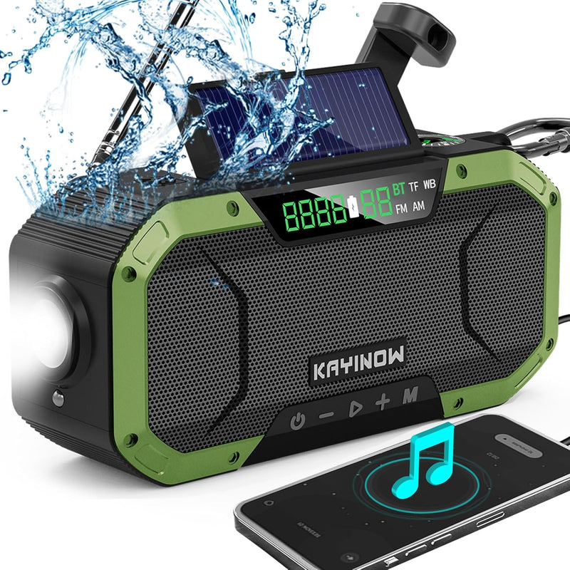 [AUSTRALIA] - Emergency Radio Waterproof Bluetooth Speaker,Portable AM FM Radio with Flashlight,Reading Lamp,Hand Crank NOAA Weather Radio with Solar Panel,5000mAh/18500mWh Cell Phone Charger,Emergency Survival Kit Green 