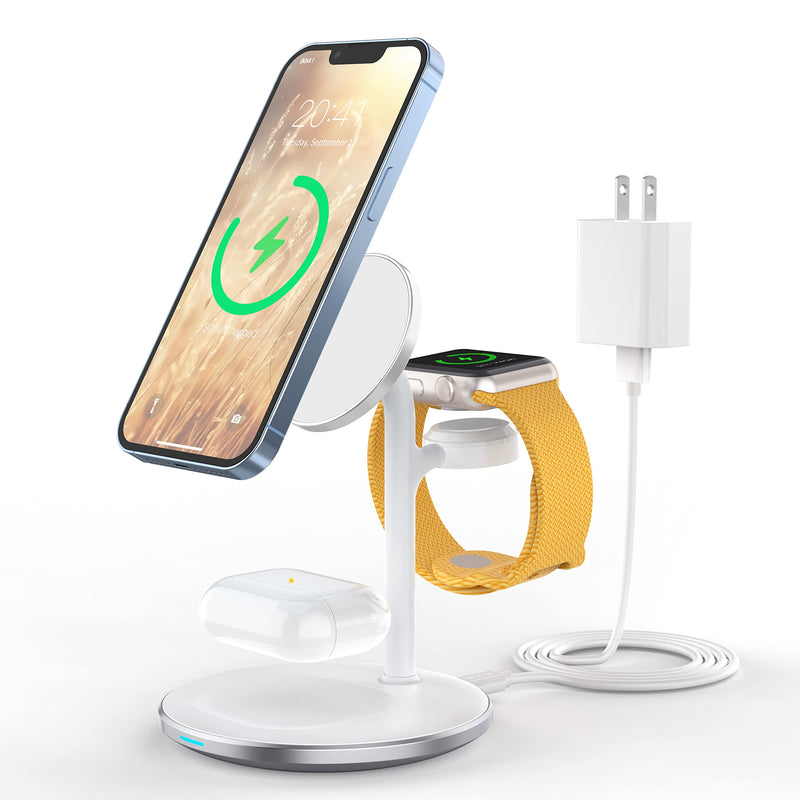 3 in 1 Wireless Charging Station for Multiple Devices, 15W Fast Wireless Mag-Safe Charger Stand for iPhone 14 13 12 Pro Max/Plus/Pro/Mini, Mag Charger for iWatch Ultra/8/7/SE/6/5/4/3/2, AirPods White