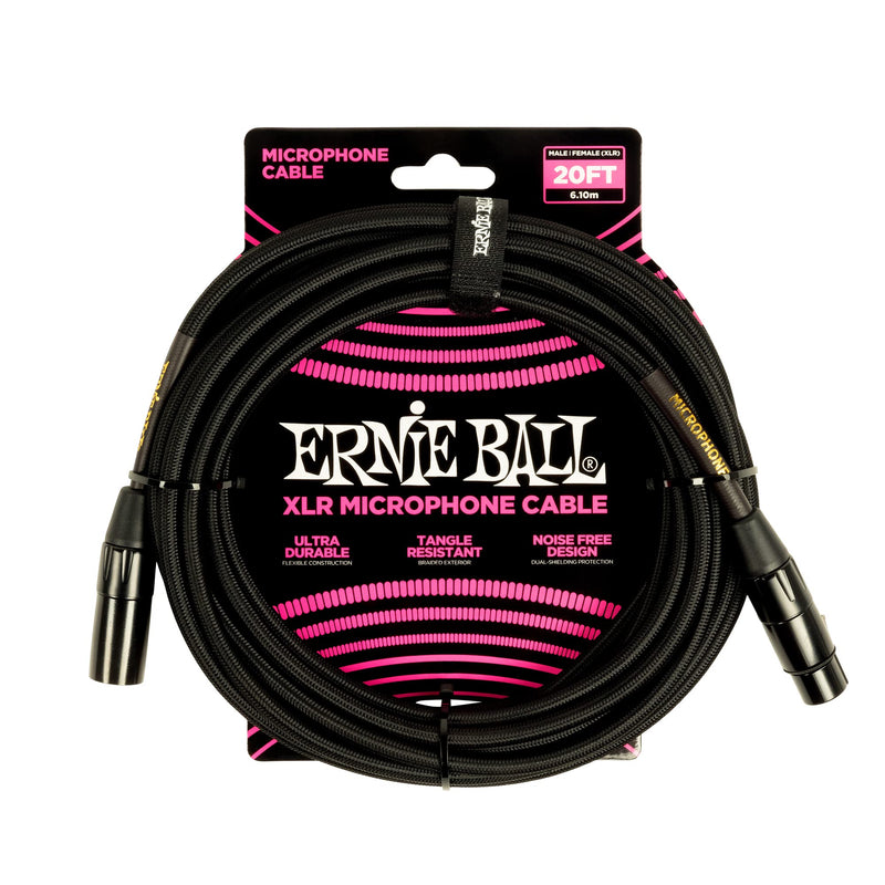Ernie Ball Braided XLR Mircrophone Cable, 20ft, Black (P06392) Braided Black 20 feet