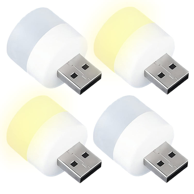 DASITON Plug in LED Night Light Mini USB LED Light Flexible USB LED Ambient Light Mini USB LED Light, LED Portable car Bulb, Indoor, Outdoor, Reading, Sleep(2White+2Yellow) 2white+2yellow