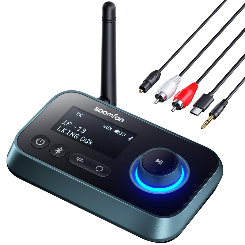 Bluetooth Transmitter Receiver - SOOMFON 3-in-1 Bluetooth 5.0 Audio Adapter for 2 Headphones with LCD Display Adjustable Volume, Optical AUX RCA Bypass for TV Home Stereo Speaker