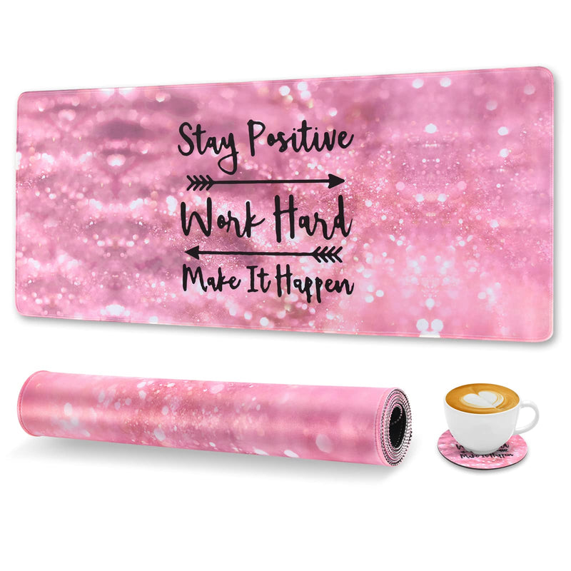 Inspirational Quote Mouse Pad, DINKY Stable Non-Slip Rubber Base Mousepads, Large Mouse Mat with Stitched Edge, Keyboard Mouse Mat Desk Pad for Office, Home(Pink Stay Positive) Pink Stay Positive