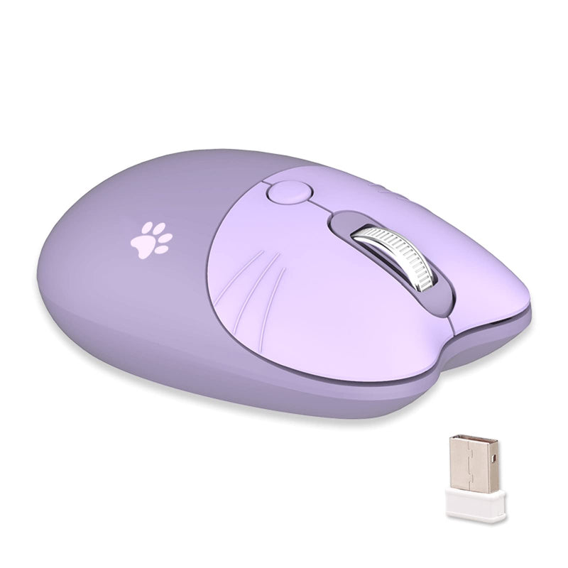 Cute Cat Wireless Mouse, Silent Mouse, 2.4G Wireless Mice, Candy Colors, Kawaii Mouse for Girls and Kids (Purple) Purple