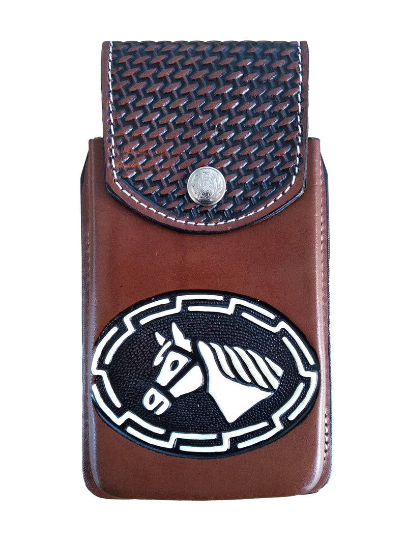 Marquez Western autentic Leather Mexican Cell Phone Holster for Belt with Secure Closure. Hand Painted Horse Design. Universal Size (Brown)