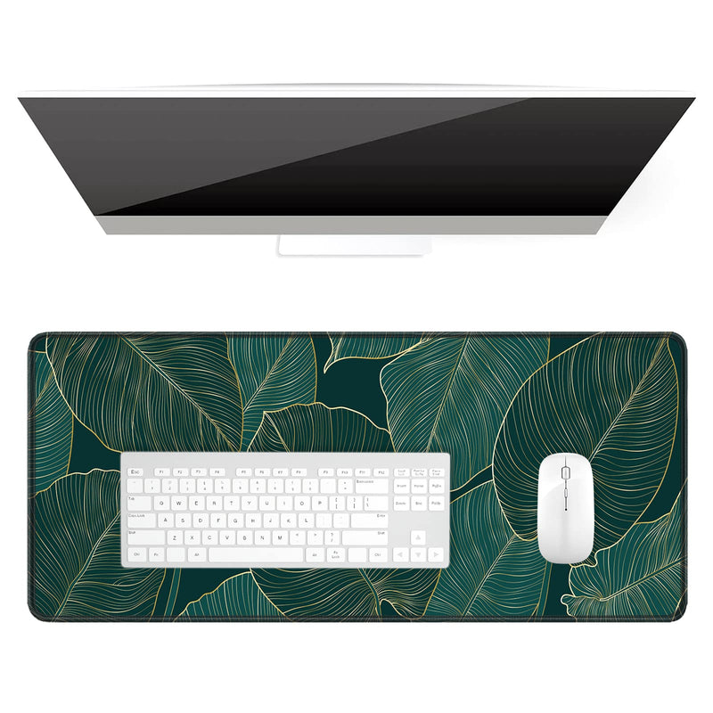 Auhoahsil Desk Pad, XL Extended Large Gaming Mouse Pad 31.5 x 11.8 Inch, Waterproof Mousepad with Stitched Edge, Non-Slip Computer Keyboard Laptop Mat for Women Men Office Work, Teal Tropical Leaves