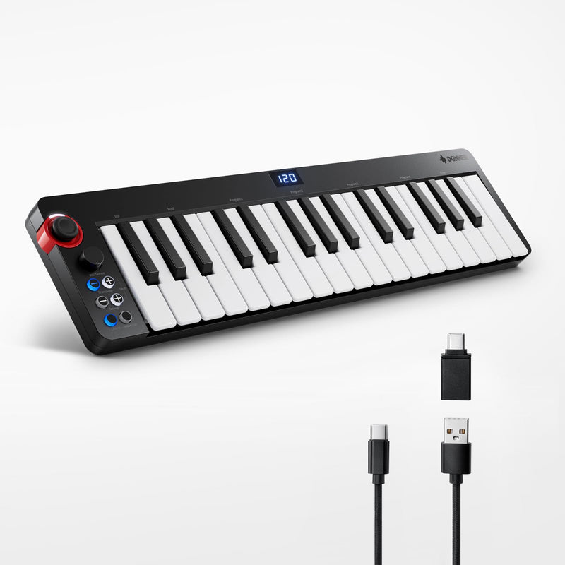 USB MIDI Keyboard Controller MINI 32-Key, Donner N-32 with Screen, Sequencer, Chord, Bend Sound Effects By Light-up Joystick for Mac/PC, Music Production Software, 40 Teaching Courses N32