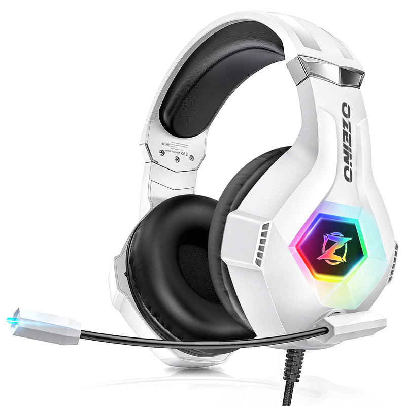 Gaming Headset PS4 Headset, Xbox Headset with 7.1 Surround Sound, Gaming Headphones with Noise Cancelling Mic RGB Light Memory Earmuffs for PC, PS5, PS4, Xbox Series X/S, Xbox one, Switch White large Wired