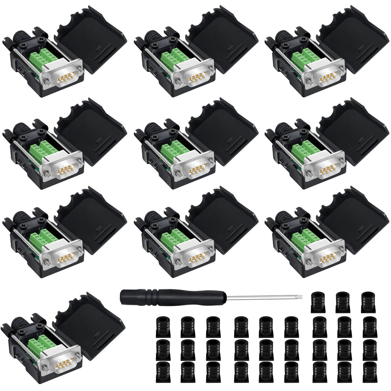 10PCS DB9 Male Breakout Connector,9 pin RS232 connectors, Solderless D-SUB RS485 Serial Adapter Module Board with Screw Terminals, Case, Long Bolts 10xMale Connector