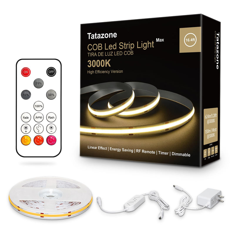 White COB Led Strip Lights Max with RF Remote, 16.4ft 3000K Dimmable Ultra Bright Warm White COB Light Strip, Adhesive Indoor COB Led Lights for Living Room, Shelf, Cabinet 3000K-Warm White