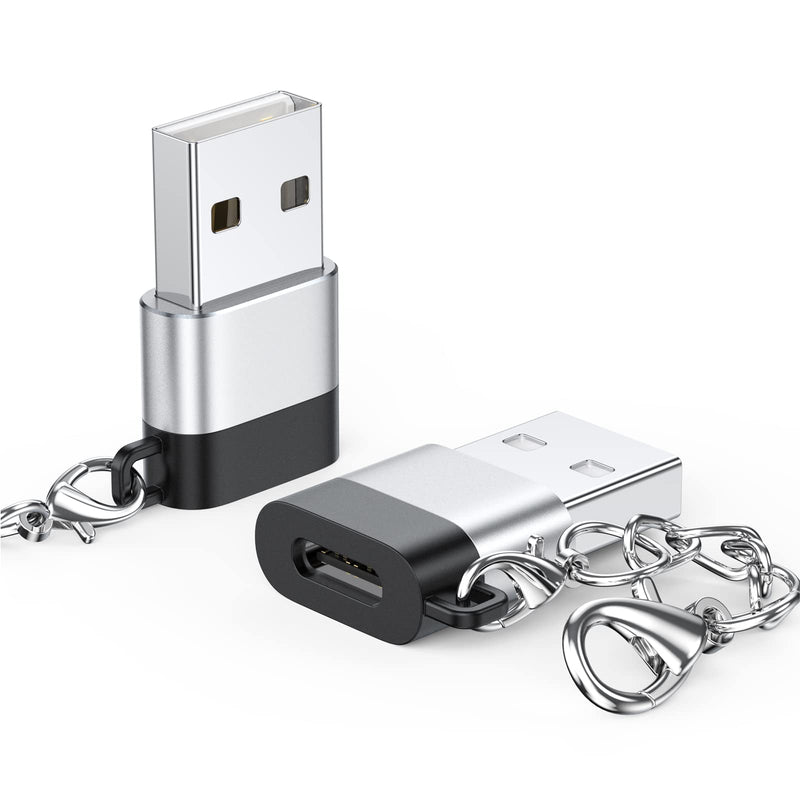 USB C Female to USB Male Adapter 2 Pack, USB A Male to USB C Female Cable Converter with Keychain, USBC Type C Connector Charge & Data Sync for Laptop Car Charger Headphone Computer Hub etc. Silver+Black