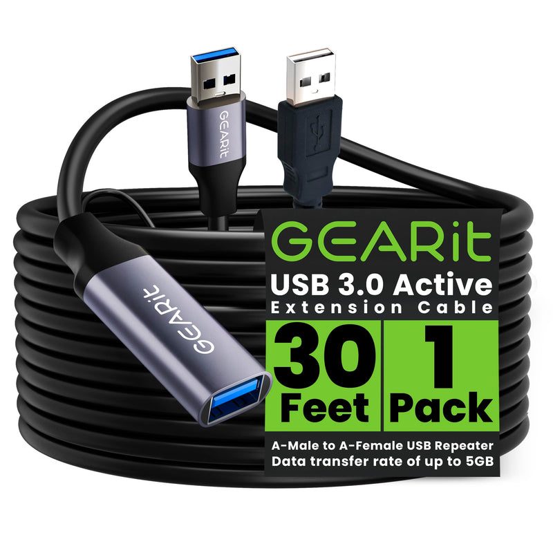 GEARit USB 3.0 Active Extension Cable (30 Feet) A-Male to A-Female USB Repeater with Signal Booster for Oculus Rift, Quest Link, Xbox 360 Kinect, PlayStation, Printer, Webcam - 30ft Black 30 Feet
