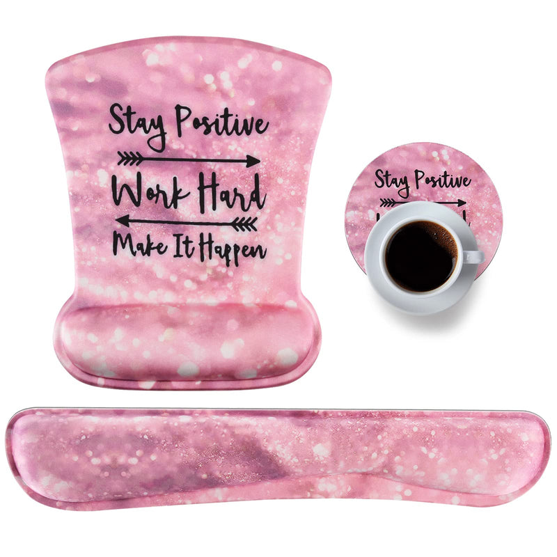 Ergonomic Mouse Pad with Wrist Support Gel, DINKY Upgraded Keyboard Wrist Rest Pad Set, Lovely Coaster with Non-Slip PU Base Mouse Pads for Working, Gaming and Family (Pink Letters) Pink Letters