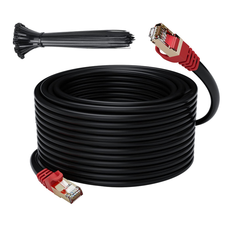 Cat 6E Cat 7 Outdoor Ethernet Cable 250 FT,Adoreen 10Gbps Heavy-Duty Shielded Internet Cable From 25-300FT,POE,SFTP,Waterproof Direct Burial&Indoor,Cat6A Cat7 Copper Network Cable RJ45 Patch Cord+Ties 250FT Black