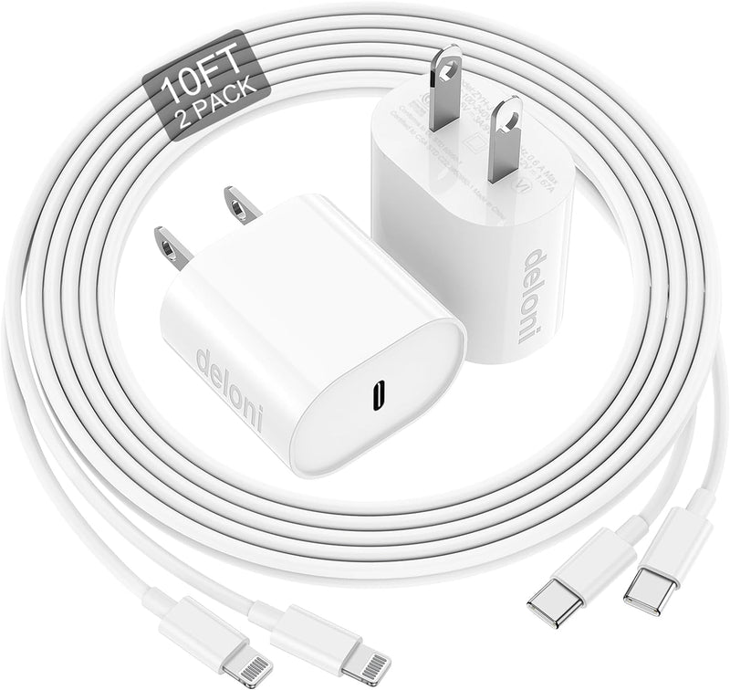 Phone Charger Fast Charging 10 FT, Long USB C to Lighting Cable 10 Foot with 20W USB C Rapid Phone Charger Block, Compatible with iPhone 14 Pro/13Pro Max/12/11Pro/Mini, 2 Pack White 2Pack 10FT
