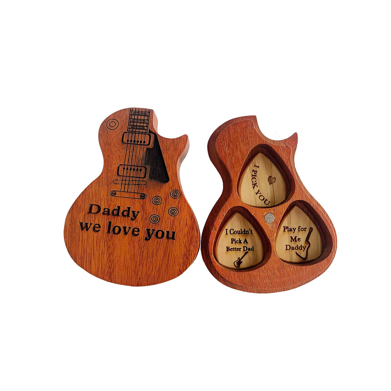 Engraved Guitar Pick Box For Dad, Guitar Shaped Guitar Pick Box, Personalized Wood Guitar Picks Box with 3 Pcs Guitar Picks Gift for Father's Day daddy