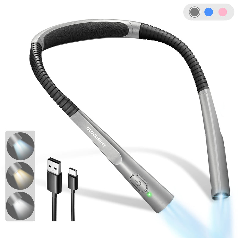 Glocusent Upgraded LED Neck Reading Light, Eye Caring Book Light for Reading in Bed, 30-min Timer, 3 Colors & 3 Brightness, Rechargeable & Long Lasting, Perfect for Reading, Knitting & Repairing Upgrade-grey
