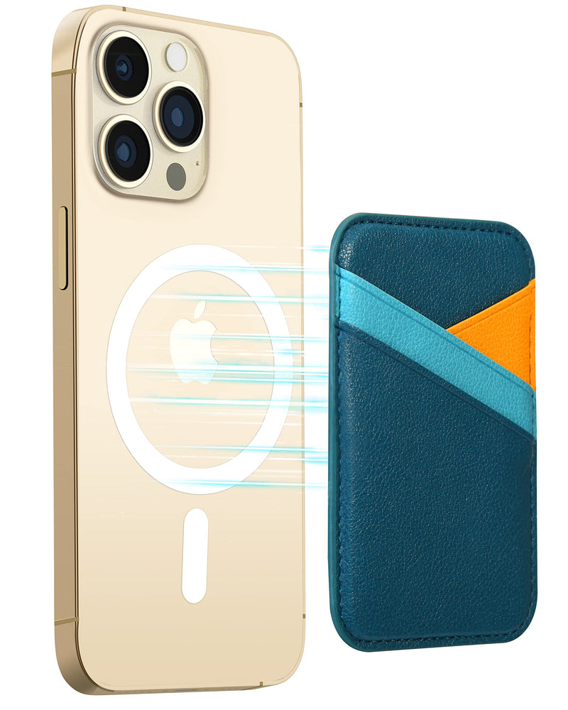 Miroddi for Magsafe Wallet, Magnetic Wallet Card Holder for iPhone 15/14/13/12 Series, Slim RFID Phone Wallet for Apple, Magnetic Phone Wallet up to 3 Cards for Back of Phone, Not for 13/12 Mini Blue+Orange PU Leather