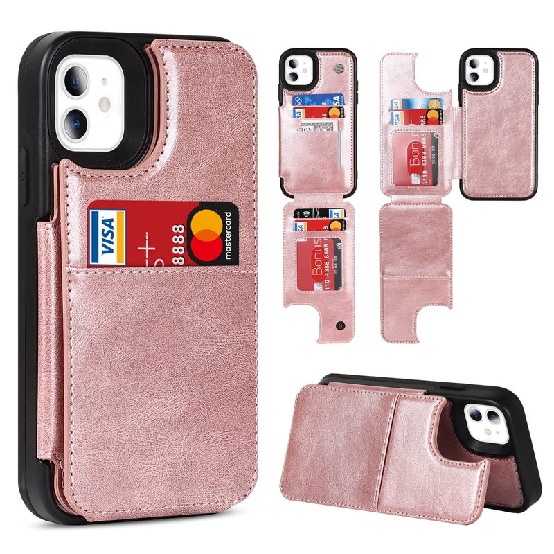 Jaorty for iPhone 11 Wallet Case with RFID Blocking Card Holder,7 Card Slots Heavy Duty Protective Bumper Armort PU Leather Magnetic Buttons Kickstand Case for iPhone 11 6.1 Inch,Macaron Rosegold 7 Card Slots-RoseGold
