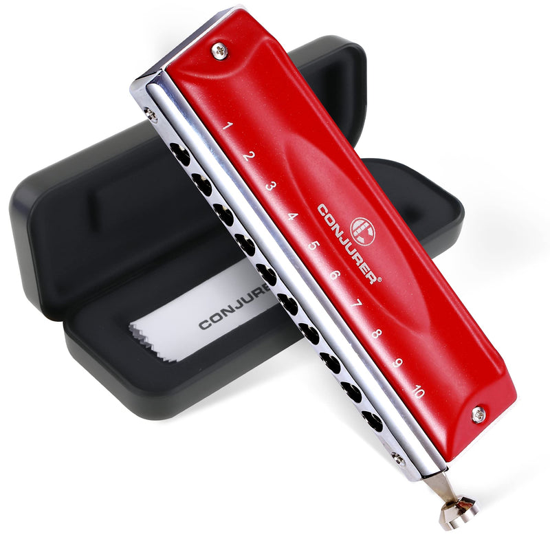 [AUSTRALIA] - CONJURER Chromatic Harmonica Valveless for Adult Beginners Students 10 Hole Harmonica Key of C Stainless Steel Mouth Organ with Brass Reed in Case, C Key Red 10-Hole Chromatic 