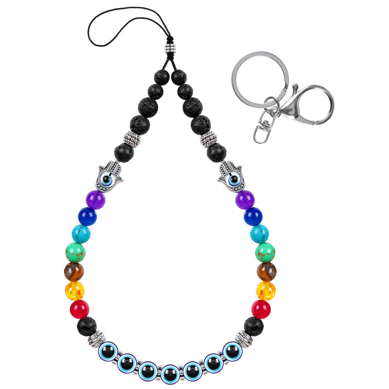 Chakra Phone Charm Lanyard Cell Phone Wrist Strap Relax Anxiety Natural Healing Beaded Keychain for Women Men Chakra+evil Eye