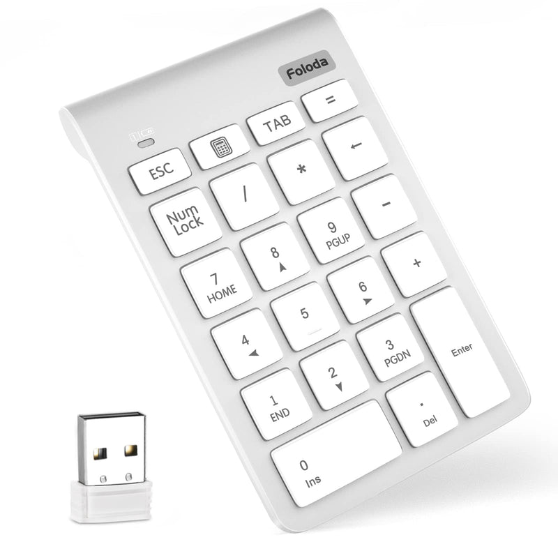 Wireless Number Pad, Portable 2.4Ghz USB 10 Keys Financial Accounting Numeric Keypad Data Entry Numpad for Laptop, PC, Desktop White