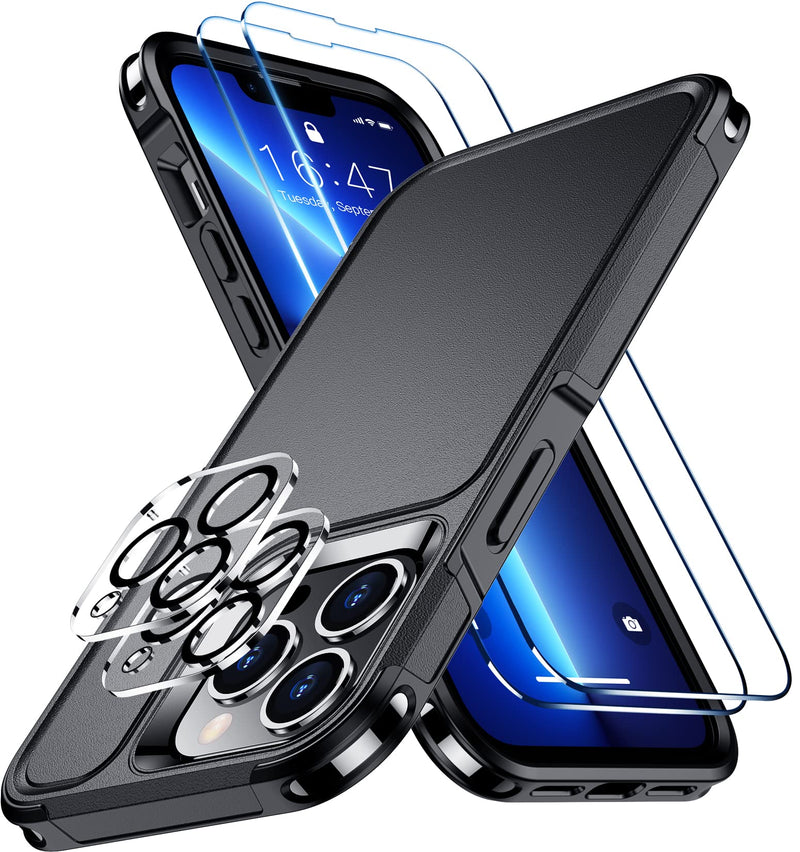 Red2Fire for iPhone 13 Pro Max Case, with 2X [Glass Screen Protector + Camera Lens Protector][12 FT Military Dropproof] Rugged Heavy Duty Full-Body Shockproof Phone Case Cover 6.7 inch-Black Black