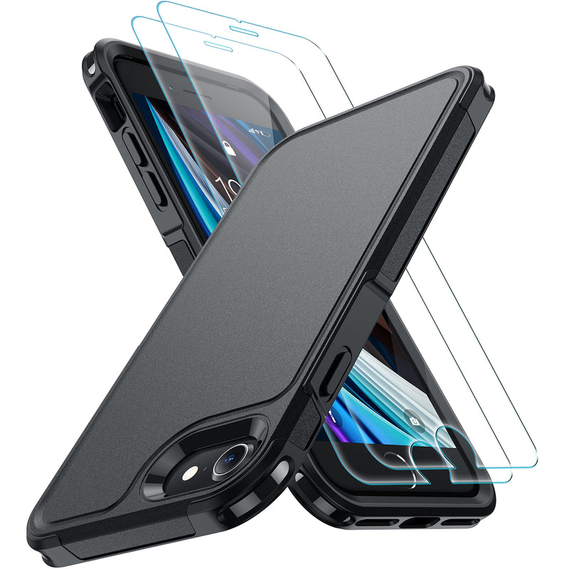 xiwxi for iPhone SE Case 2022/3rd/2020,iPhone 8/7 Case,with [2xTempered Glass Screen Protector] [360 Full Body Shockproof] [Heavy Dropproof],Hard PC+Soft Silicone TPU+Glass Screen Phone Case-Black Black