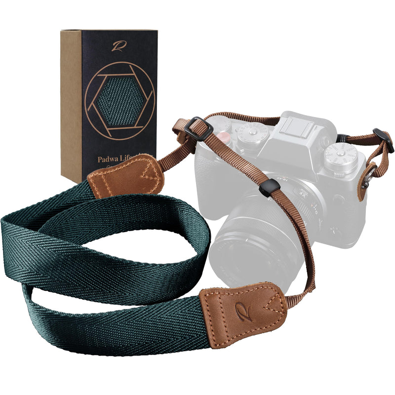 Padwa Lifestyle Dark Blue Green Camera Strap -Double Layer Crazy Horse Cowhide End,1.5" Wide Pure Cotton Woven Camera Straps,Adjustable Neck Shoulder Strap for All DSLR Cameras,Gift for Photographers A# - Dark Blue Green