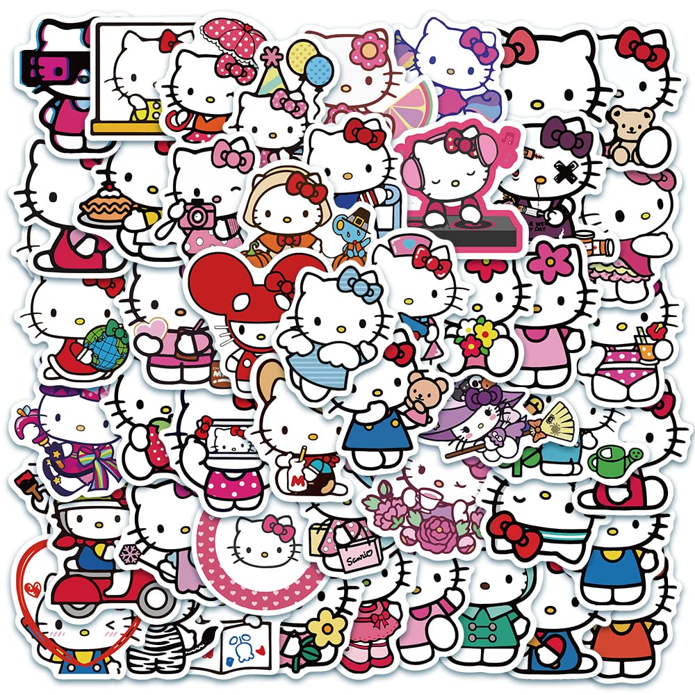 50Pcs Hello Kittty Stickers Pack Kitty White Theme Waterproof Sticker Decals for Laptop Water Bottle Skateboard Luggage Car Bumper Hello Kittty Stickers for Girls Kids Teens