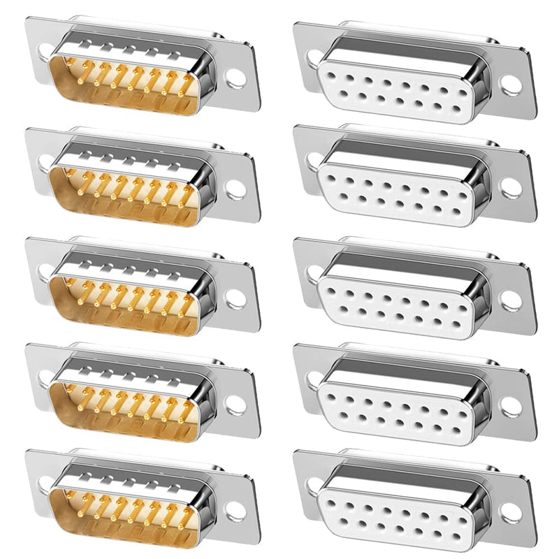 Jienk 10PCS DB15 RS232 Serial D-SUB Solder Cup Connectors, Gold Plated Joints RS232 Serial Port 15Pin D Sub Couplers(Male x 5, Female x 5)