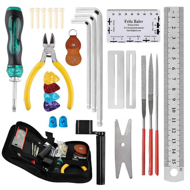 28PCS Guitar Tool Kit,Guitar Repair Tools Kit,Professional Guitar Repairing Maintenance Tool Kit with Wire Plier String Organizer Fingerboard Protector Hex Wrenches Files String Action Ruler Spanner 28PCS