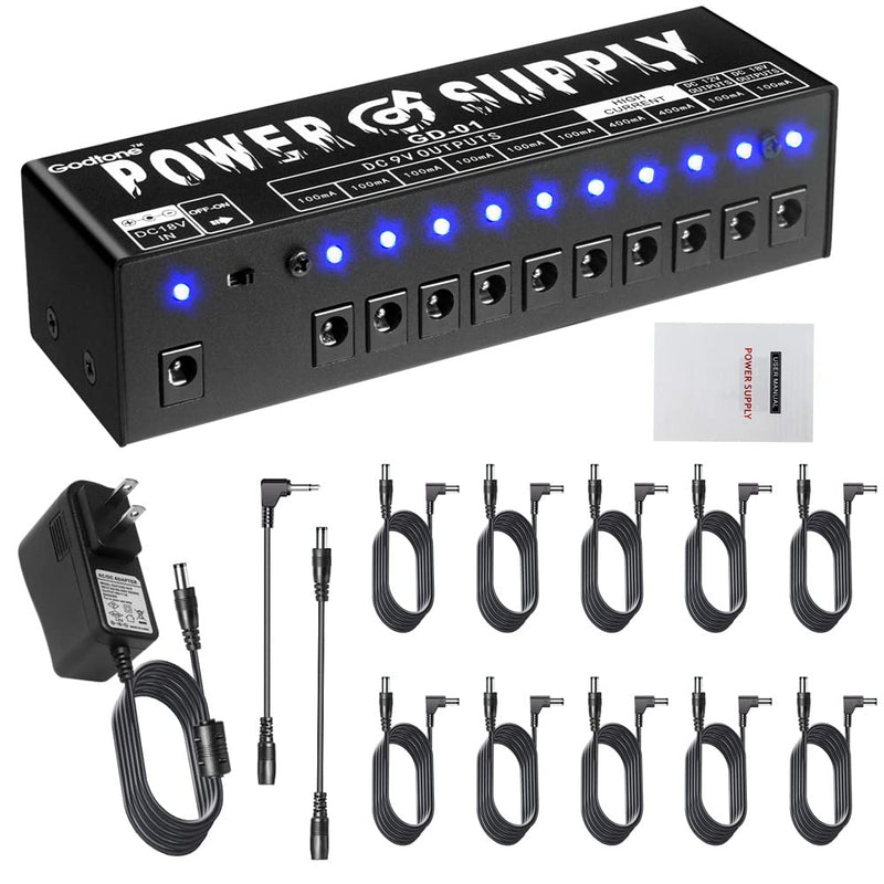 Guitar Effect Pedal 10 DC Output for 9V 12V 18V Pedals Power Supply with Short Circuit Overcurrent Protection Separate GD-01