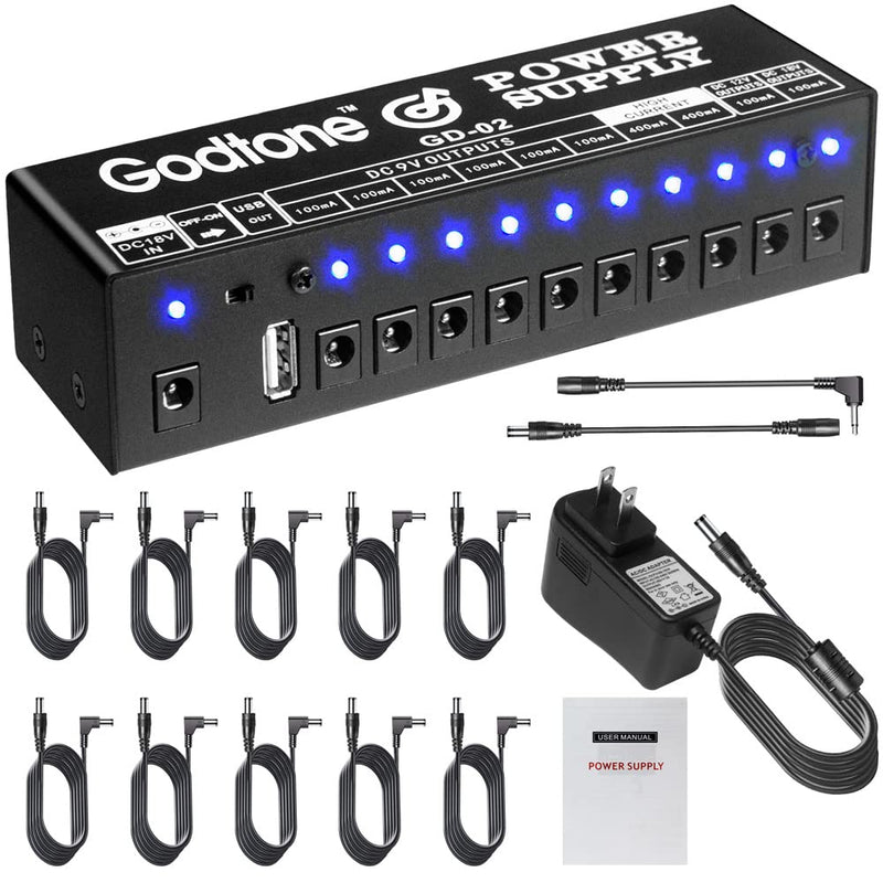 Godtone Guitar Pedal 10 DC Outputs for 9V 12V 18V Effect Pedal Power Supply with USB(5V2A) Port GD-02