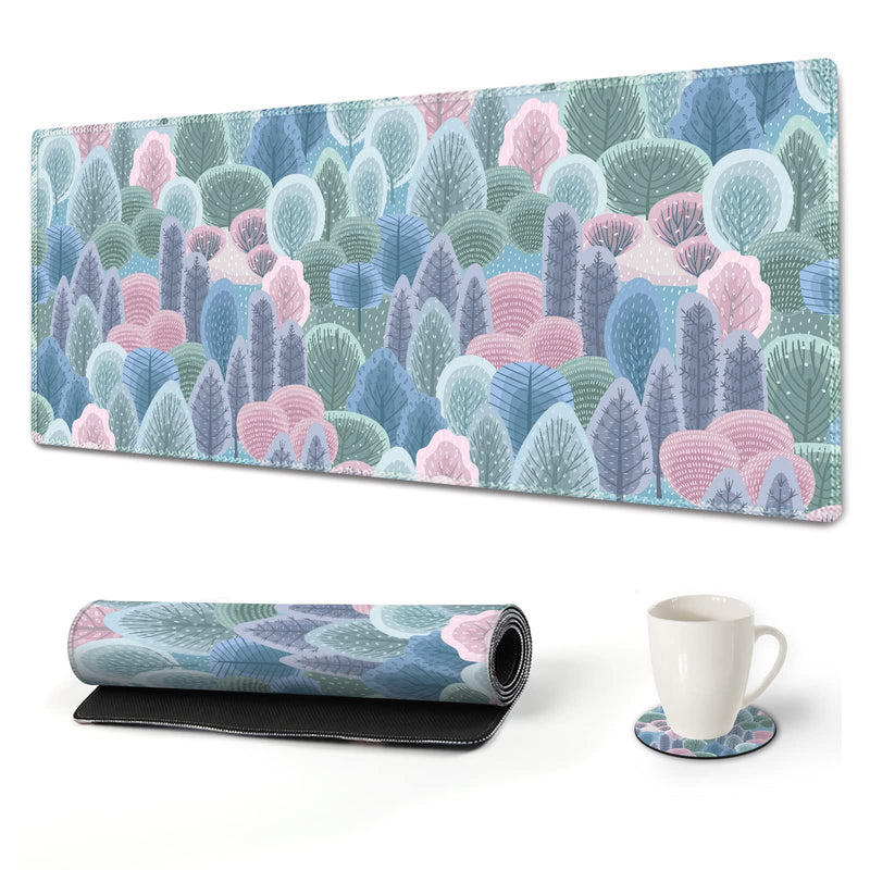 AIMSA Extended Gaming Mouse Pad, XL Large Keyboard Mouse Mat Desk Pad with Stitched Edges, Durable Non-Slip Base Mousepad for Home Office, 35x15.7inch, Abstract Trees and Cactus