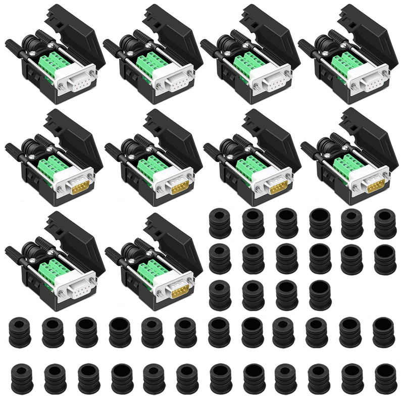 ANMBEST 10PCS DB9 Breakout Connector, 5PCS Male + 5PCS Female DB9 Solderless RS232 D-SUB Serial to 9-pin Port Terminal Adapter Connector Breakout Board with Case Long Bolts Tail Pipe 5PCS Male Adapter + 5PCS Female Adapter