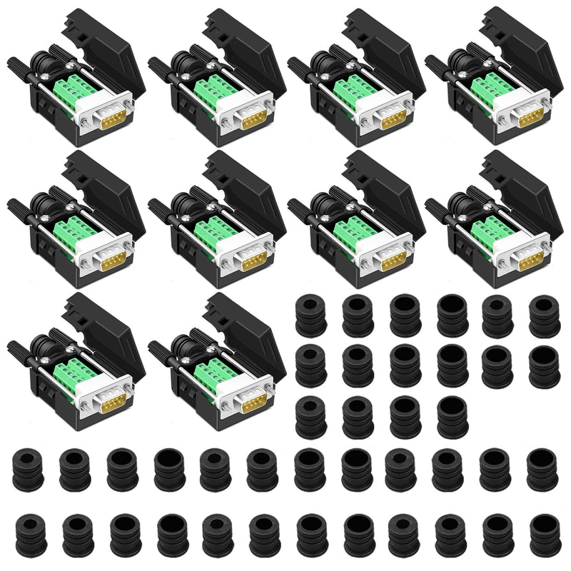 ANMBEST 10PCS DB9 Male Breakout Connector,DB9 Solderless RS232 D-SUB Serial to 9-pin Port Terminal Adapter Connector Breakout Board with Case Long Bolts Tail Pipe 10PCS Male Adapter