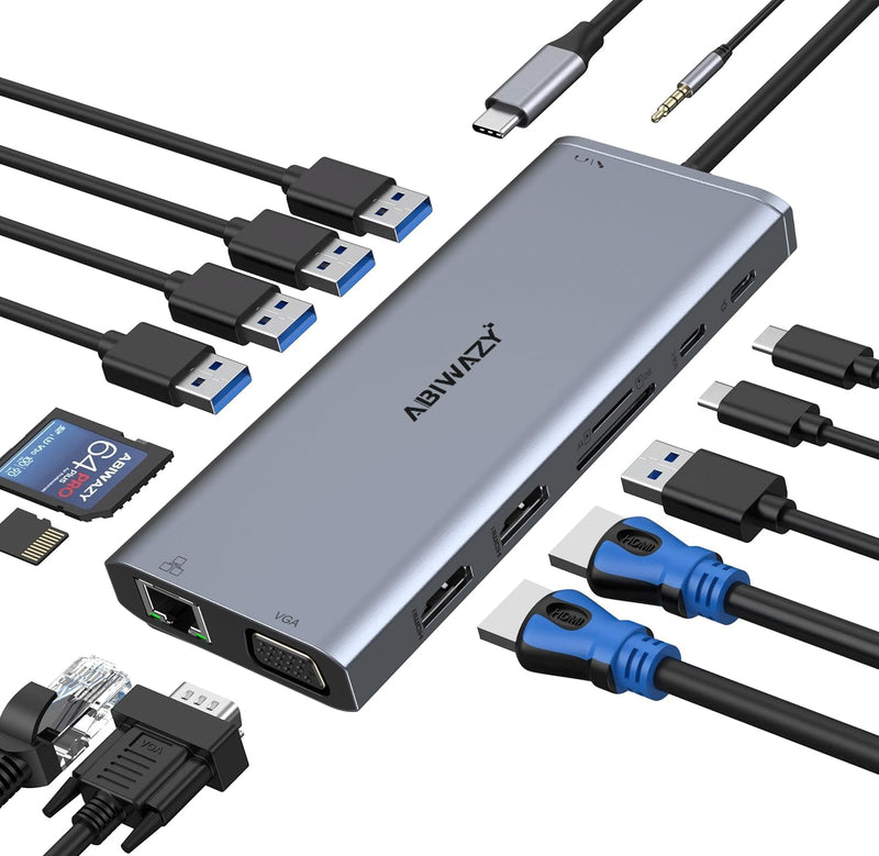 USB C Docking Station Dual Monitor Triple Display USBC Hub Multiple Adapter | USB C Dongle 14 in 1 Dock with 2 HDMI 4K+VGA+5 Port+100W PD Charger+Ethernet+SD/TF+Audio for Dell/HP/Lenovo/Surface Laptop Grey